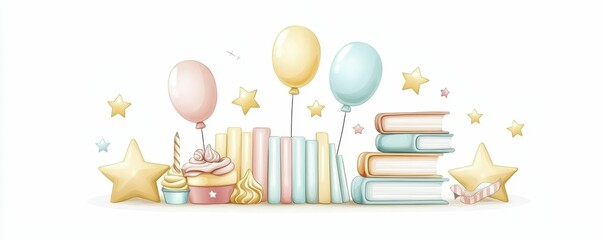Fototapeta premium 100th day of school Decorative balloons and books with stars and pastel colors.