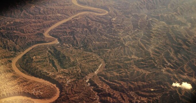 China. View From Airplane Window On Yongding River. Largest River To Flow Through Beijing. Aerial View On Mountainous Terrain. Mountainous Landscape. Wuding River Or Unfixed River Because Its Flow Was
