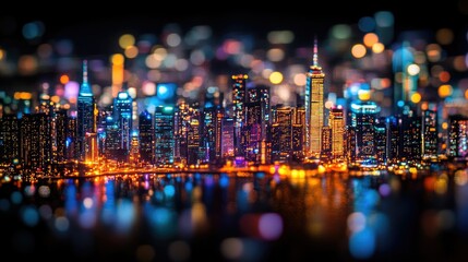 Blurred city lights forming vibrant bokeh patterns, with a dark urban nightscape in the background.