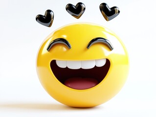 A vibrant yellow smiley face radiating happiness with an open mouth and closed eyes, adorned with black hearts floating above, perfect for expressing love on Valentine's Day