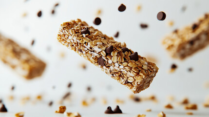 Delicious chocolate chip granola bars floating against a smooth backdrop create an enticing visual delight