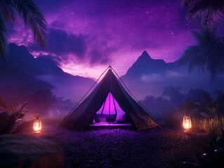 A serene camping scene featuring tent illuminated by lanterns, surrounded by mountains and lush vegetation under starry purple sky