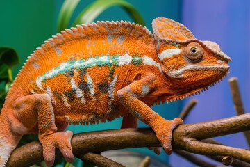 Obraz premium Vibrant chameleon, Colorful lizard, Close-up portrait, Orange and blue scales, Exotic reptile, Textured skin, Bulging eyes, Perched on branch, Tropical rainforest background, High detail, Macro photog