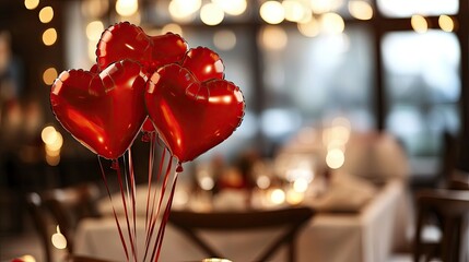 Bright red heart-shaped balloons tied to a chair in a romantic Valentine dinner setting.