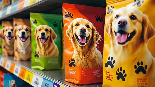 Dog food packaging displays in a retail store aisle featuring happy golden retrievers on nutrition bags