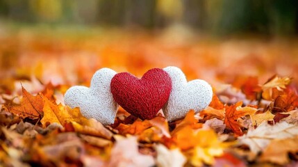 Fototapeta premium Colorful fallen leaves create a warm backdrop for charming heart-shaped decorations, symbolizing love and affection during Valentine's Day festivities