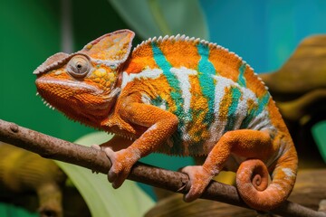 Naklejka premium Vibrant chameleon, Colorful lizard, Close-up portrait, Orange and blue scales, Exotic reptile, Textured skin, Bulging eyes, Perched on branch, Tropical rainforest background, High detail, Macro photog