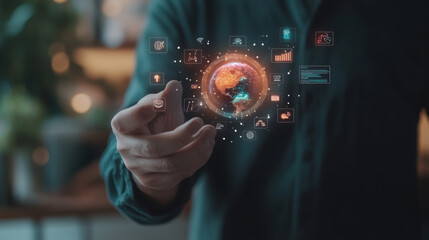 Innovative digital interaction displaying global data insights modern office infographic visuals clear focus technology concept
