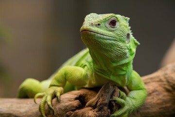 Fototapeta premium Vibrant green iguana, close-up portrait, scaly texture, piercing eyes, reptile beauty, tree branch perch, blurred background, macro photography, exotic pet, wildlife shot, lizard details, emerald hues