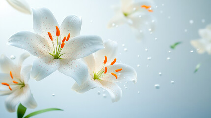 Delicate white lilies blooming gracefully in a soft, serene atmosphere