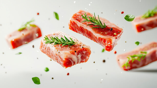 Floating pieces of fresh pork belly garnished with herbs and spices create a culinary masterpiece in midair