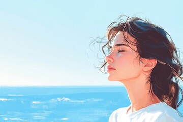 Serene Woman Gazing at a Tranquil Ocean Scene