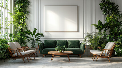 Fototapeta premium Modern Living Room with Canvas Mockup: A modern and stylish living room with a plush green velvet sofa, two armchairs, and a round coffee table.