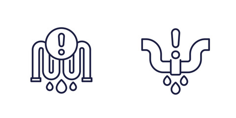 leaking pipe icons, water leak line vector