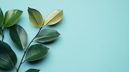 Obraz premium Lush green leaves branch on a light blue background