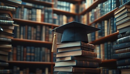 A creative composition featuring a graduation cap and textbooks