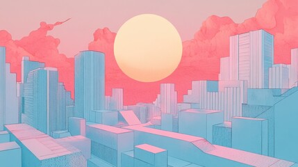 Pastel Cityscape Underneath a Large Sunset Sun