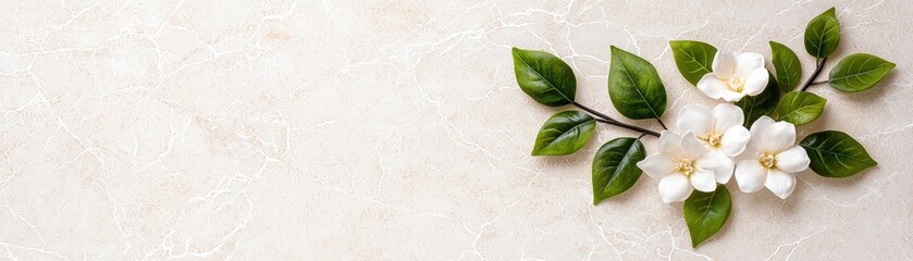 Fototapeta premium Beautiful White Flowers with Green Leaves on Cream Marble Background for Elegant Decor Ideas