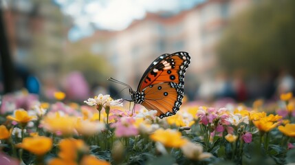 Monarch butterfly gracefully sips nectar from colorful flowers in a city garden, a symbol of nature's beauty and delicate balance