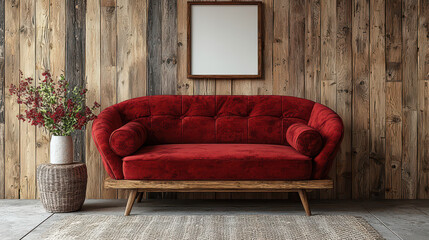 Red Velvet Sofa Interior:  A plush red velvet sofa with tufted upholstery takes center stage against a rustic wooden wall, creating a cozy and inviting atmosphere.