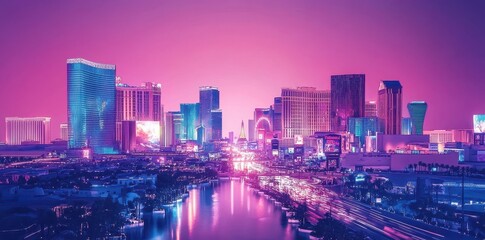 Fototapeta premium Vibrant Neon Cityscape at Twilight Illuminates Skyscrapers