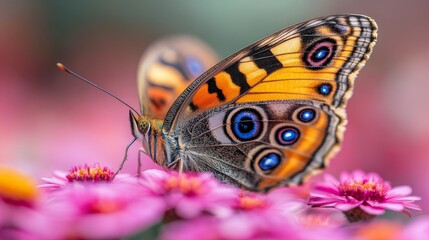 Close-up view of a Painted Lady butterfly resting on a pink flower with detailed and colorful wings