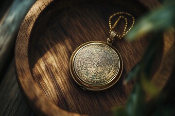 Macro photography of a vintage gold locket necklace with intricate floral engravings displayed on a rustic wooden box
