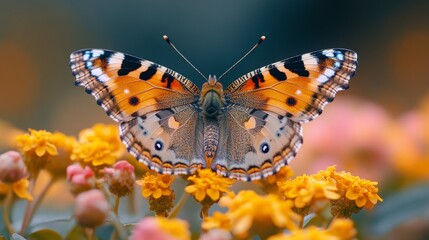 Obraz premium Painted Lady Butterfly Perched on Yellow Flowers in a Beautiful Garden Setting