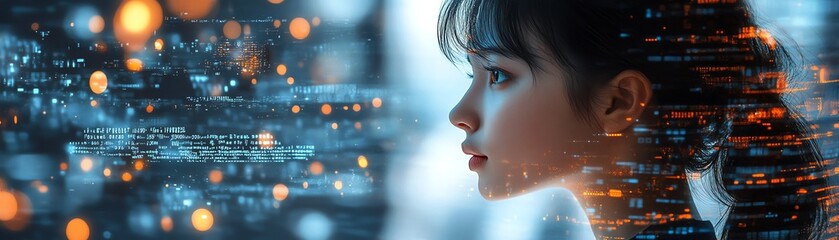 Obraz premium A stressed girl submerged in waves of digital data and glowing symbols, expressing the mental strain of information overload, hightech modern ambiance, realistic 4K quality