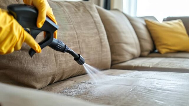 Professional sofa cleaning service using high pressure spraying to remove dust mites and chemicals