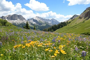 Fototapeta premium Mountain Wildflower Meadow Under a Summer Sky