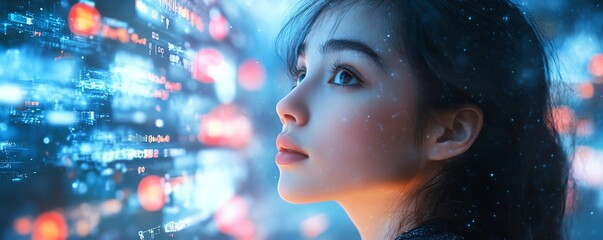 A young woman overwhelmed by an avalanche of digital information