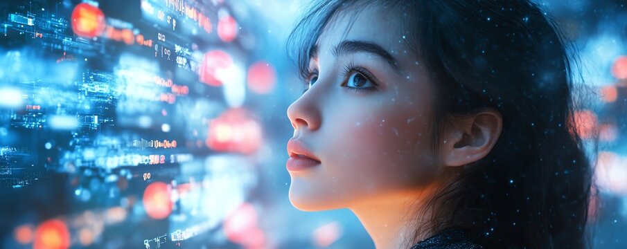 A young woman overwhelmed by an avalanche of digital information