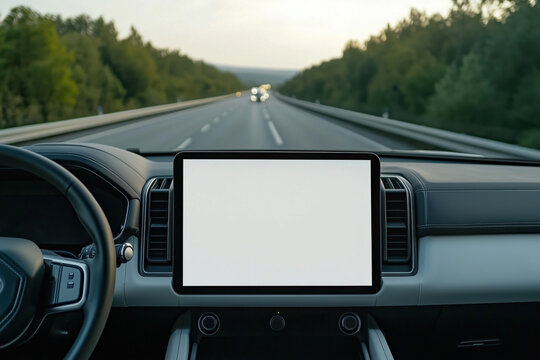 A white blank mock-up touchscreen in a modern car with a minimalist interior driving on the highway
