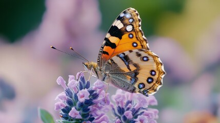 Obraz premium Painted Lady Butterfly gracefully perched on a lavender flower bloom, showcasing delicate wings and natural beauty