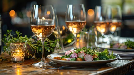 Fototapeta premium Elegant dining experience with gourmet salad and wine in cozy candlelit ambiance