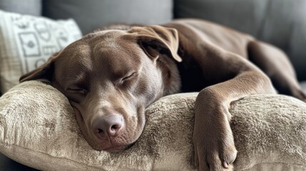 Dog snuggling into a plush dog bed pillow, fast asleep and looking completely at ease.
