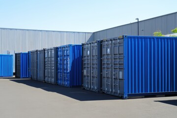 Blue shipping containers stand ready for transport and storage