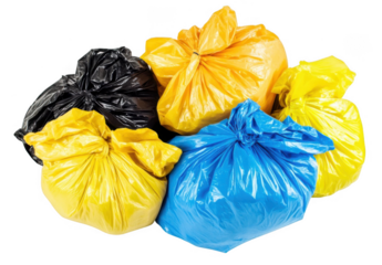Neatly stacked colorful trash bags, cut out