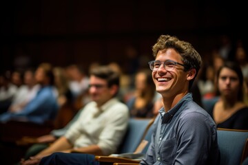 National Student Leadership Week Smiling young man attending a seminar in a lecture hall
