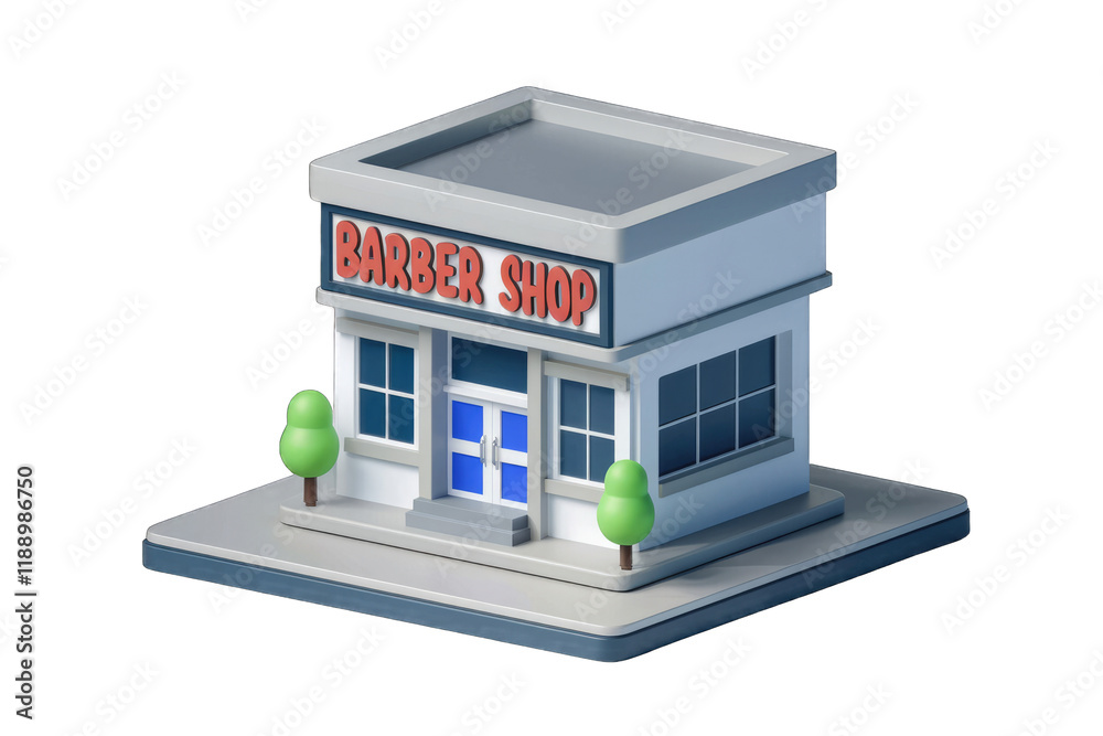 Poster a 3d model of a small, simple barber shop building with a flat roof and small trees.