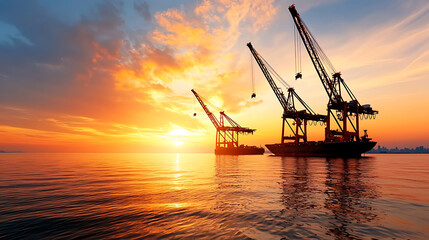 Fototapeta premium Crane operations at sunset seaport industrial photography tranquil waterscape wide angle maritime serenity