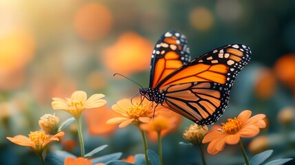 Obraz premium Monarch butterfly gracefully landing on vibrant orange flower, bathed in soft light and surrounded by a bokeh of warm hues