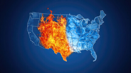 Obraz premium Map of the United States Divided into Fire and Ice - Symbolizing Climate Change, Political Division, or Natural Disasters