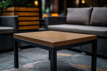 Modern Outdoor Coffee Table with Brown Top and Black Metal Frame
