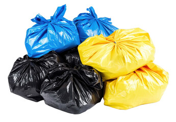 Neatly stacked colorful trash bags, cut out