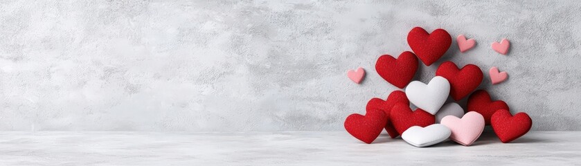 Obraz premium Colorful Heart Decorations on a Gray Background for Romantic or Valentine's Day Themes