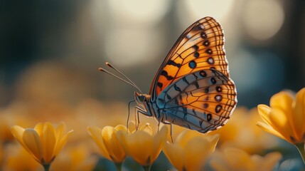 Obraz premium A vibrant butterfly delicately perched on a cluster of sunny yellow flowers, its wings displaying intricate patterns and warm tones