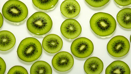 Fototapeta premium Vibrant green kiwi slices arranged harmoniously on a bright white backdrop inviting freshness and vitality