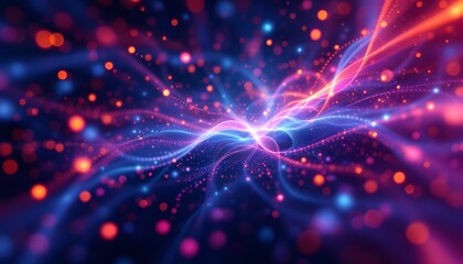Abstract quantum entanglement with glowing particles - represents interconnectedness - suitable for science, technology, and futuristic media presentations